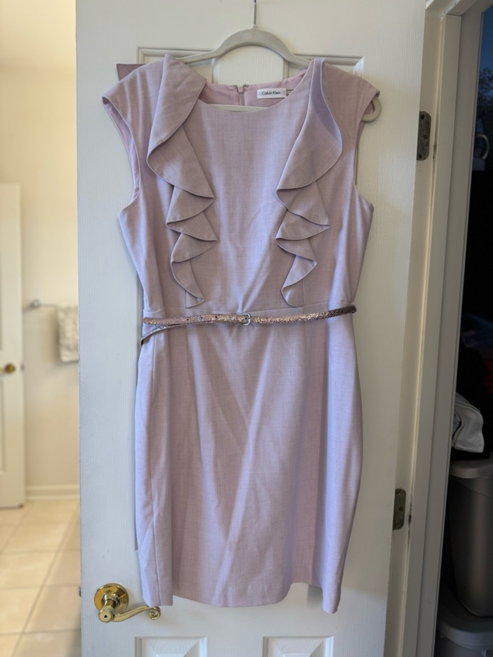 Calvin Klein Pink Ruffle Sheath Dress with Belt
